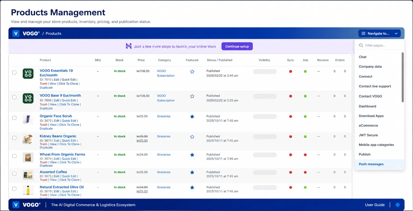 Product management dashboard with product list